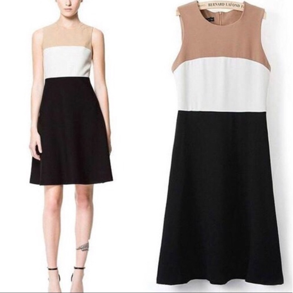 Zara Color Block Dress in Tan, White and Black